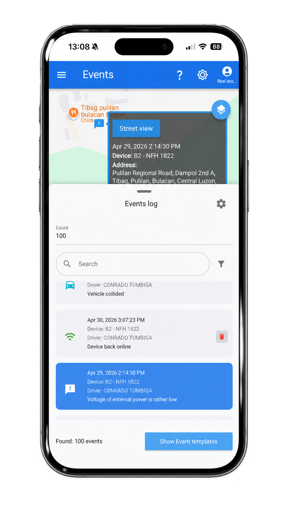 Titan mobile PWA events log with fleet alerts