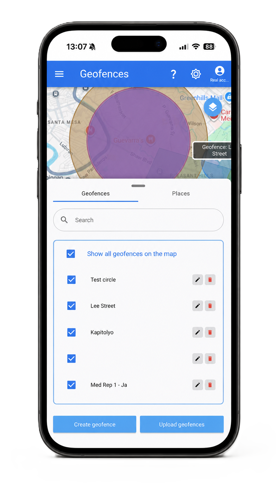 Titan mobile PWA geofences screen with location zones