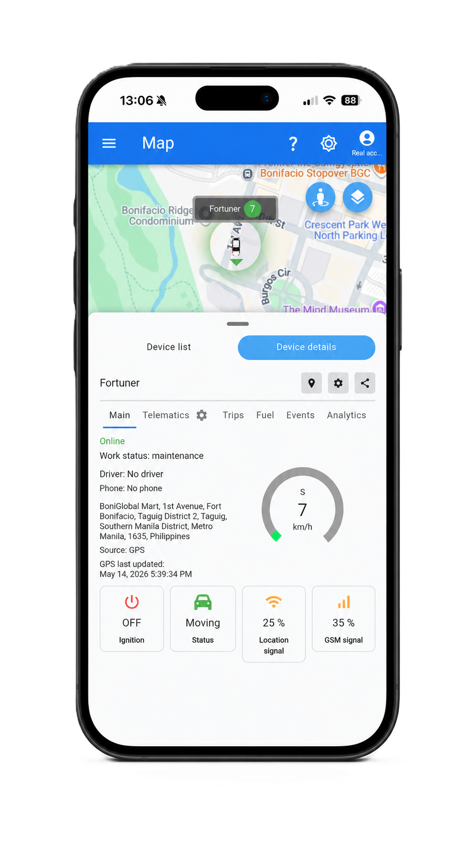 Titan mobile PWA tracking map with vehicle telemetry data