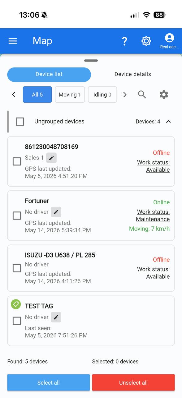 Titan mobile PWA map with device list, vehicle status, and fleet activity