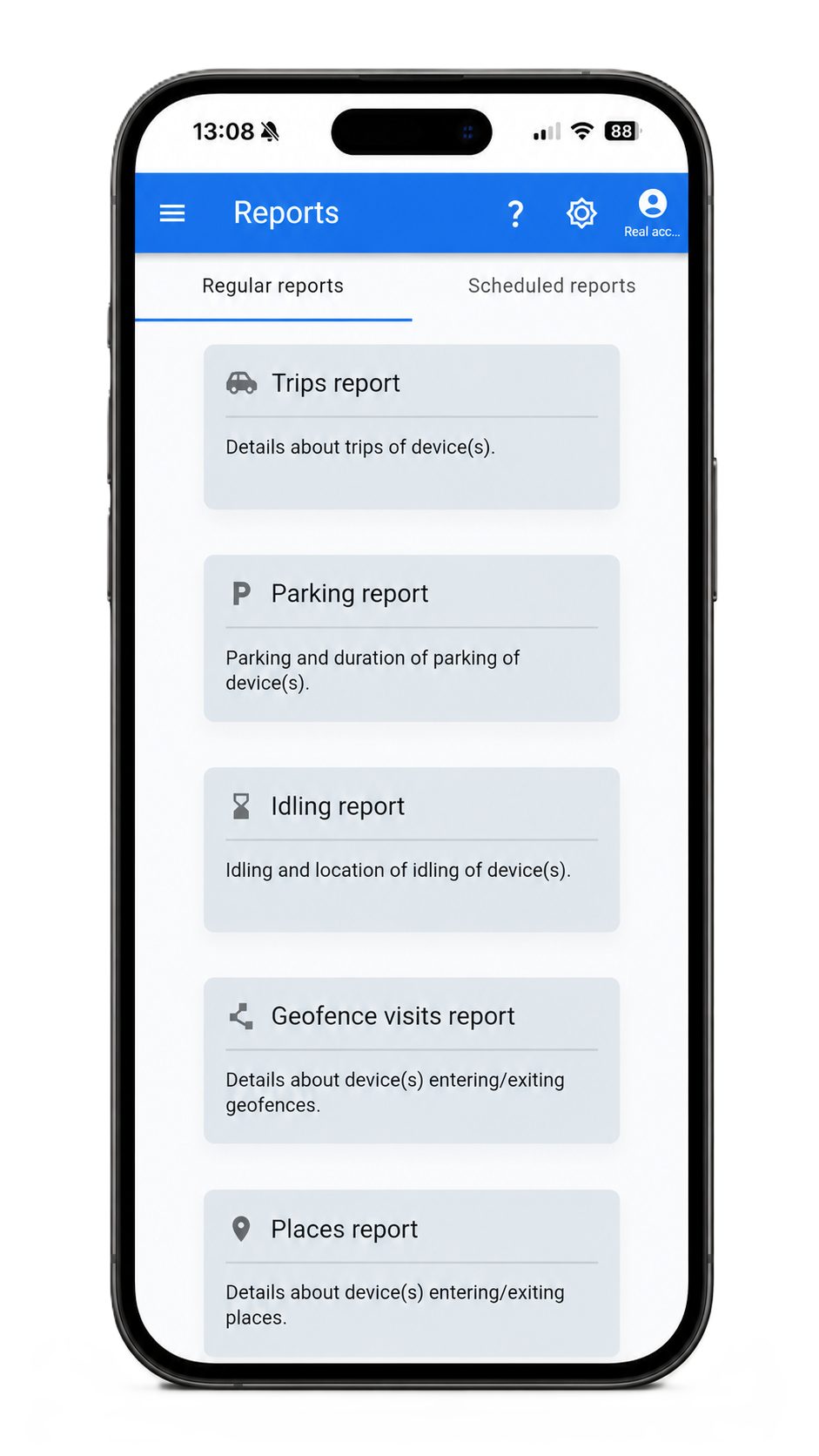Titan mobile PWA reports screen with regular and scheduled reports