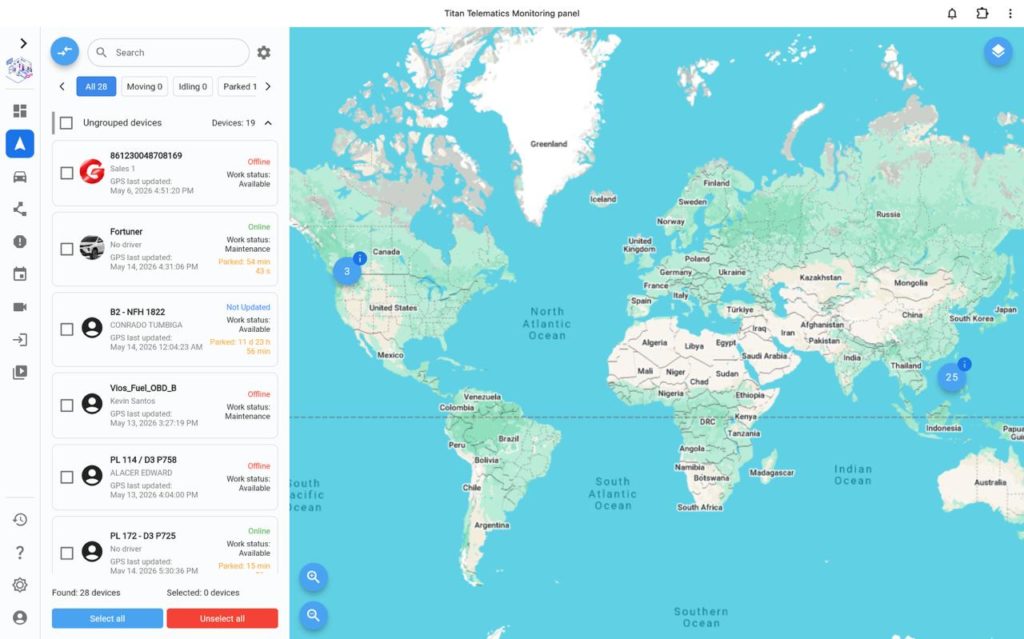 Titan telematics monitoring panel with real-time vehicle tracking map and device status list