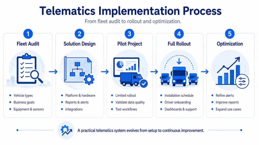 Telematics implementation process from fleet audit to rollout and optimization