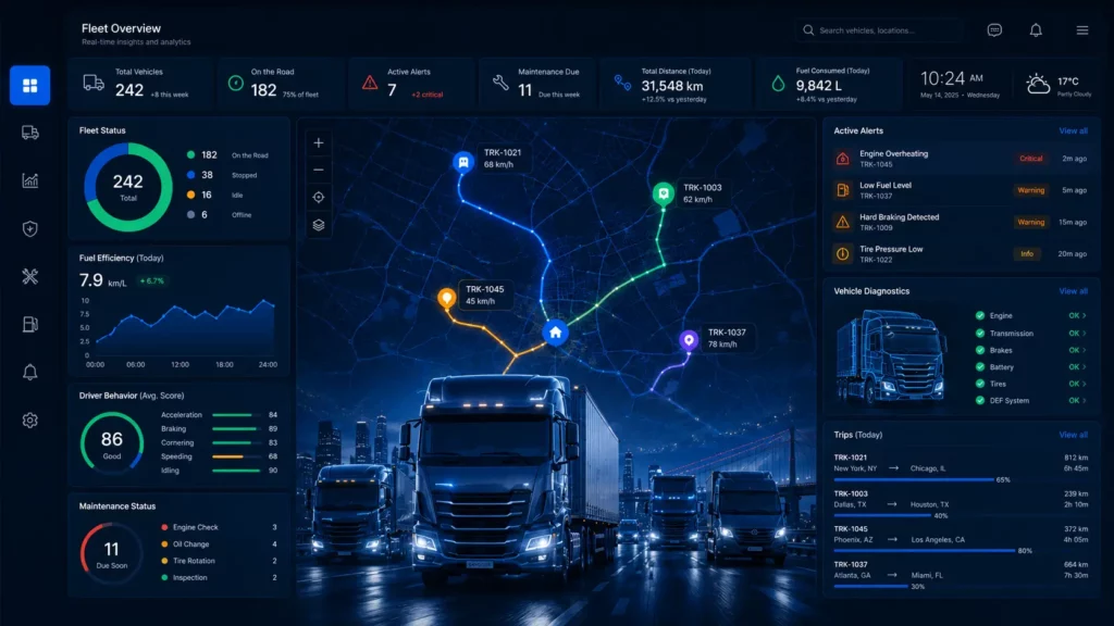 Fleet telematics dashboard showing vehicle tracking, diagnostics, and route data