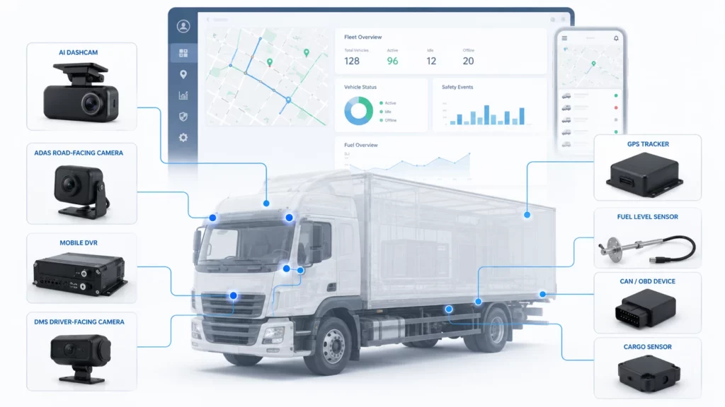 AI telematics equipment including GPS tracker, AI dashcam, DVR, ADAS camera, DMS camera and fuel sensor
