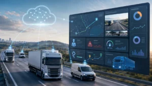 AI telematics dashboard with GPS tracking, driver safety alerts, video analytics, fuel monitoring and fleet KPIs
