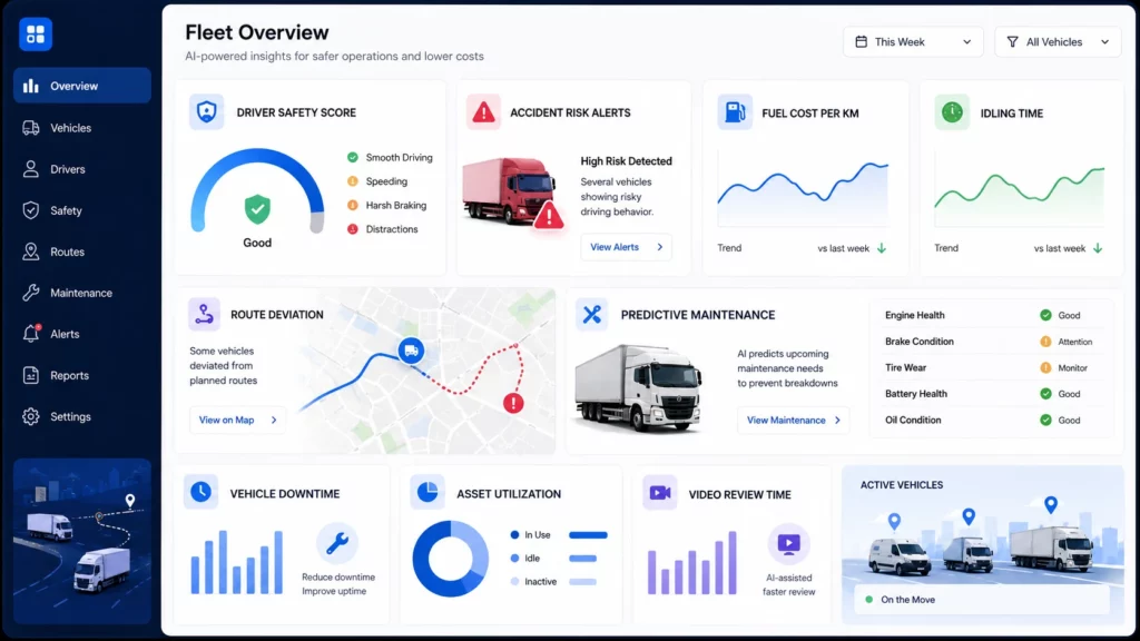 AI telematics KPI dashboard for fleet safety, fuel monitoring, maintenance, route efficiency and vehicle utilization