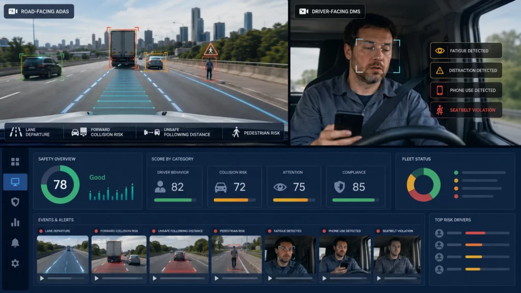 AI video telematics with ADAS road monitoring and DMS driver monitoring for fleet safety