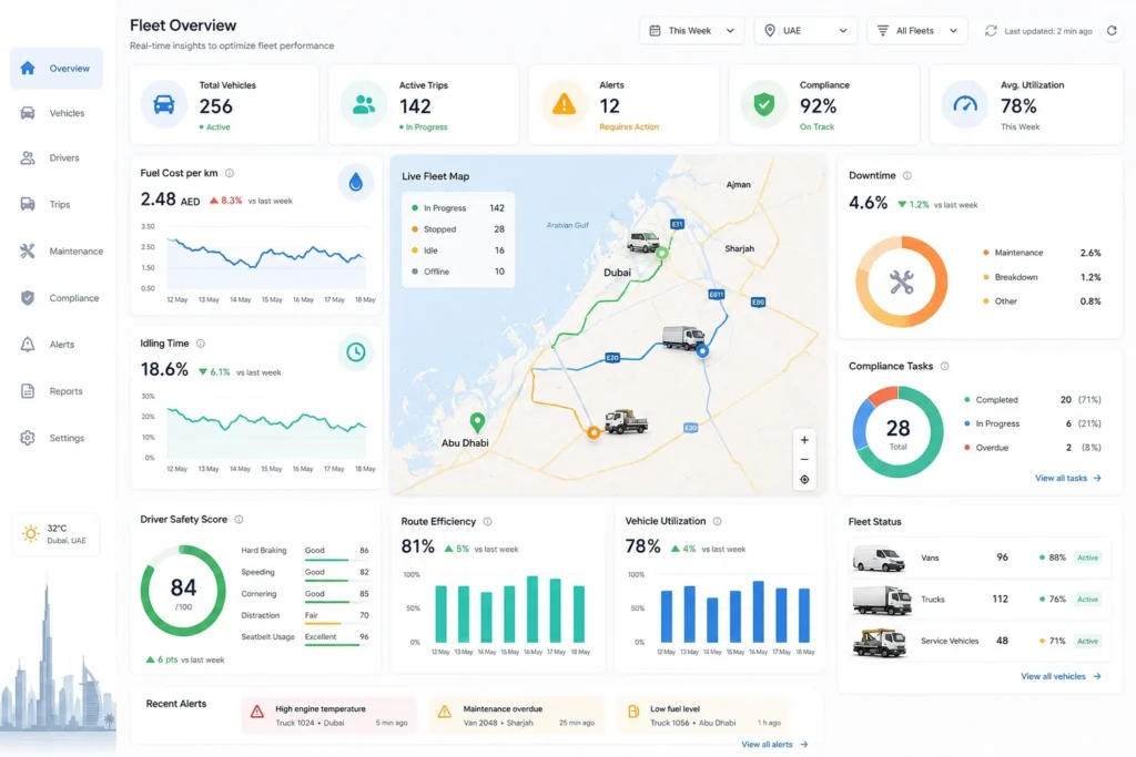 Modern fleet KPI dashboard for UAE commercial fleets with fuel cost, idling time, downtime, compliance tasks, route efficiency, and vehicle utilization