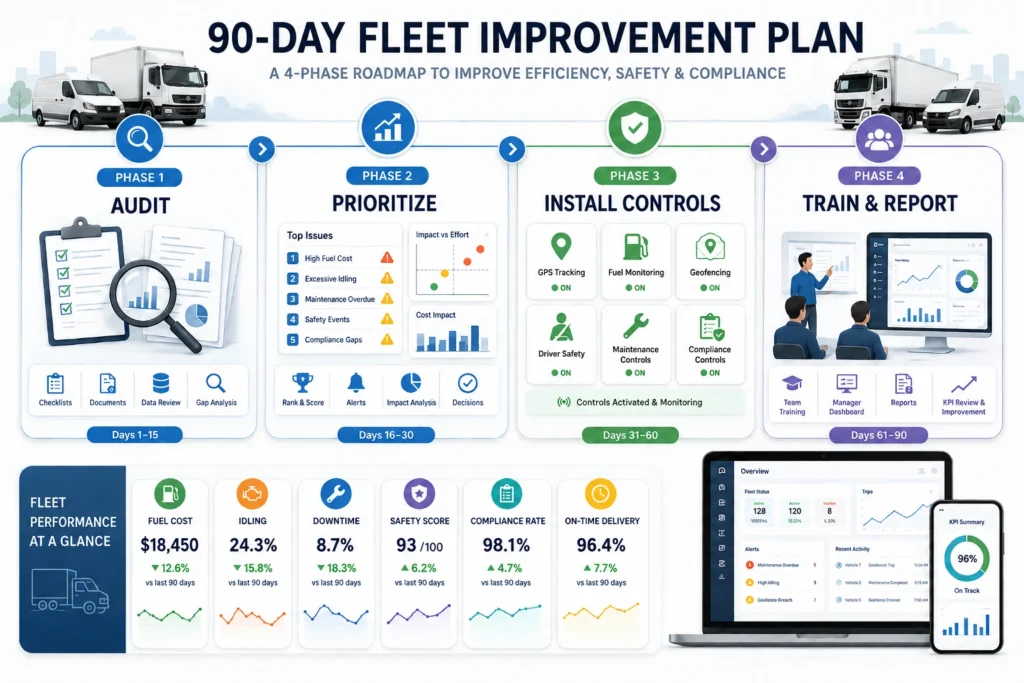90-day fleet improvement plan with four phases: audit, prioritize, install controls, train and report