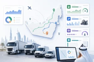 Fleet management challenges in the UAE with GPS tracking, telematics dashboard, and commercial vehicles on a route map