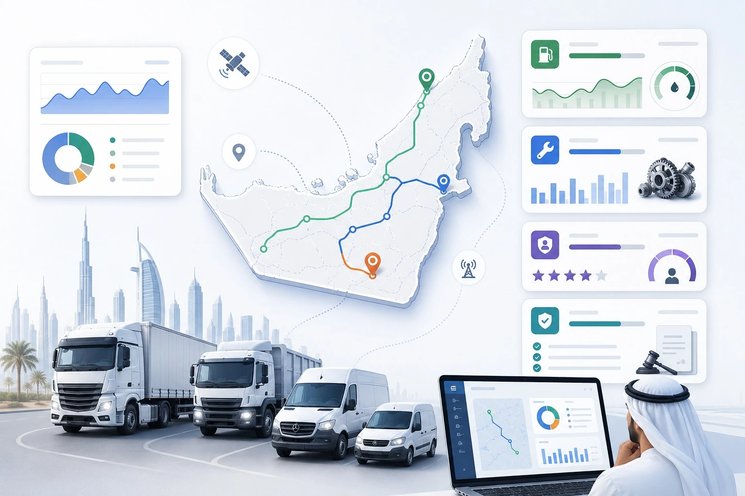 Fleet management challenges in the UAE with GPS tracking, telematics dashboard, and commercial vehicles on a route map