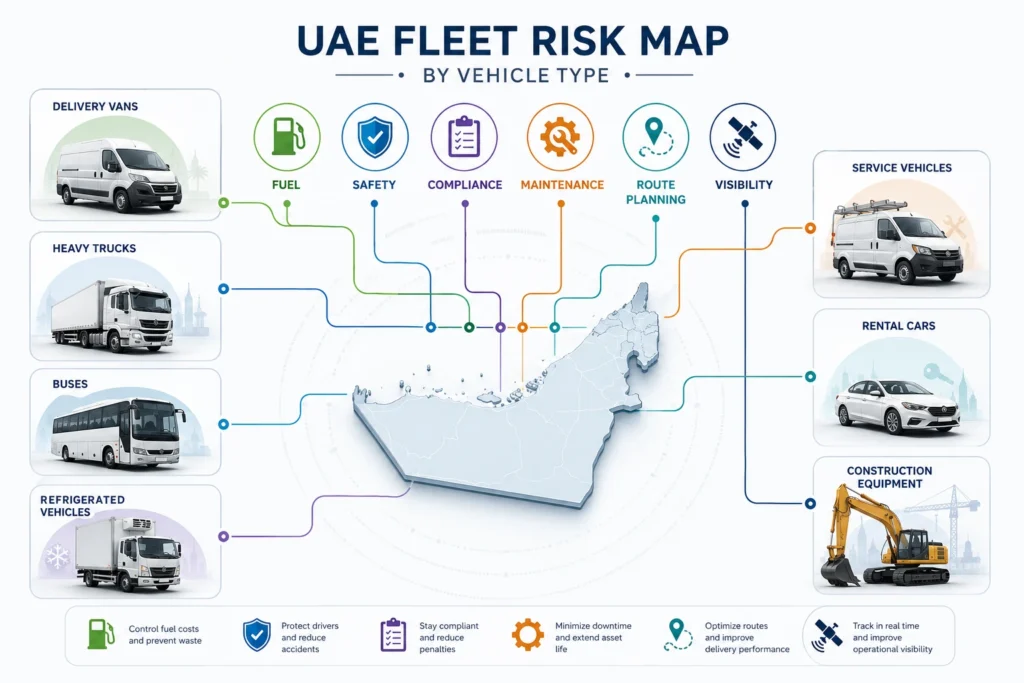 UAE fleet risk map showing different challenges for delivery vans, heavy trucks, buses, refrigerated vehicles, construction vehicles, and service fleets
