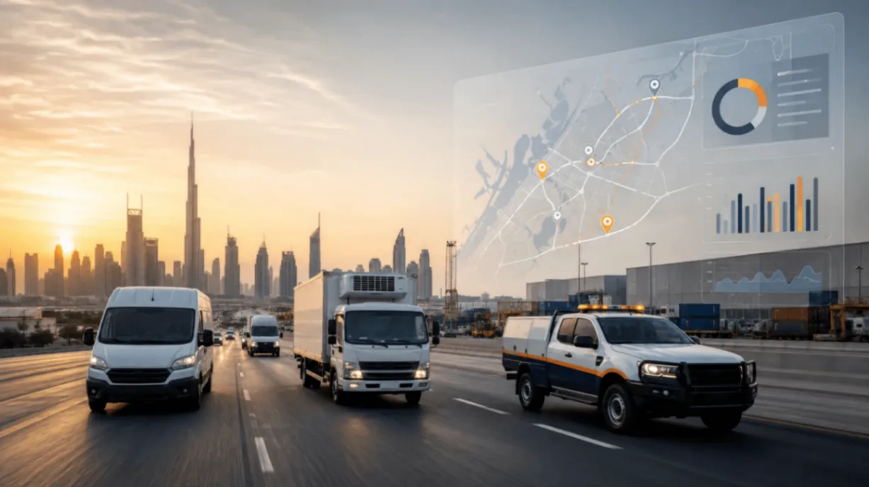 Commercial vans, trucks and a service vehicle managed with fleet data in Dubai, UAE