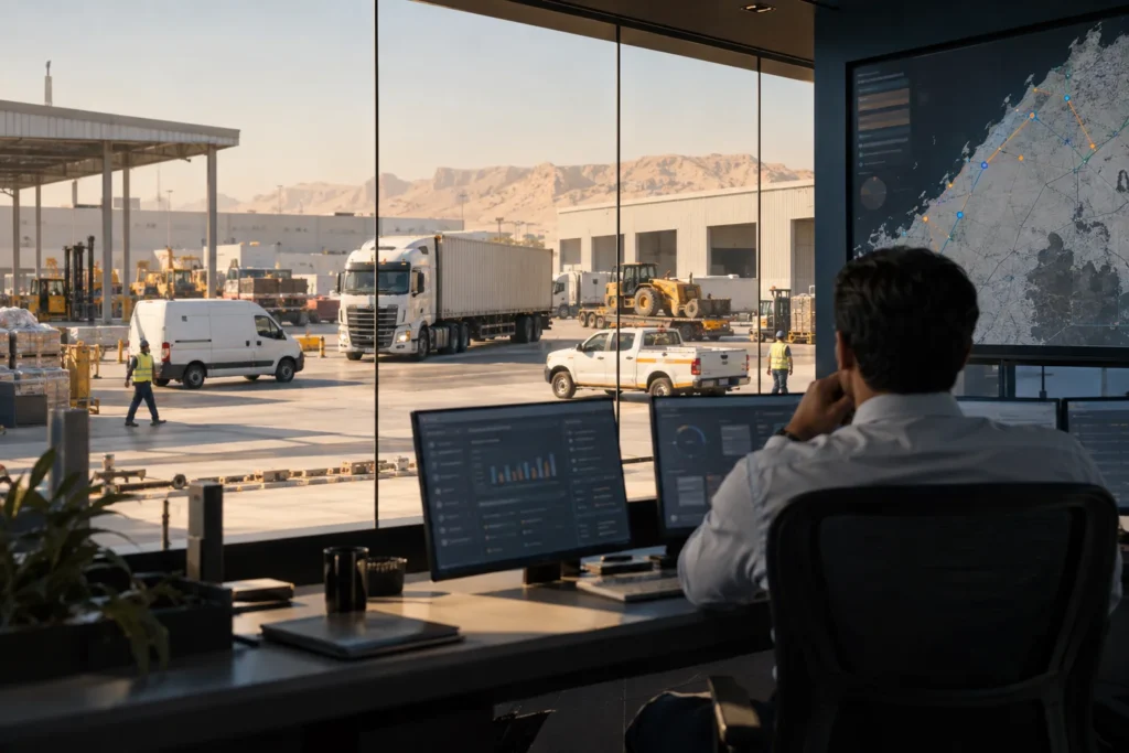 Fleet manager overseeing trucks, service vehicles and equipment at a UAE logistics depot