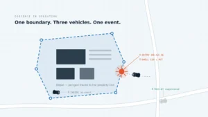 Geofencing in fleet management: a polygon zone around a depot where one vehicle triggers an entry event, one parked vehicle remains inside and a pass-by event is suppressed