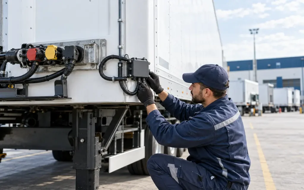 Engineer installing a protected GPS and CAN monitoring module on a commercial semi-trailer
